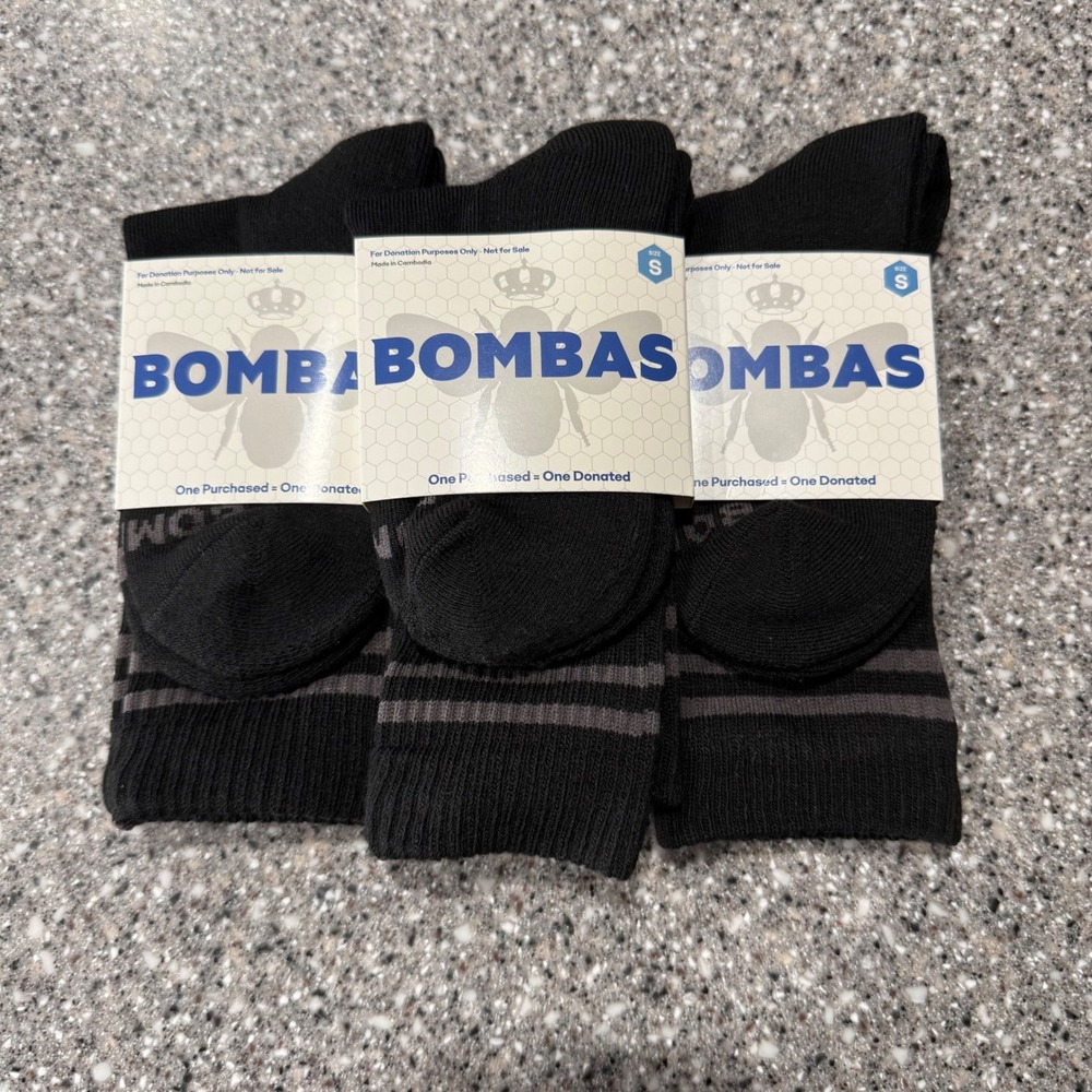 Bombas Crew Socks 3 Pack Black Grey Striped Honeycomb Arch Support Size Small